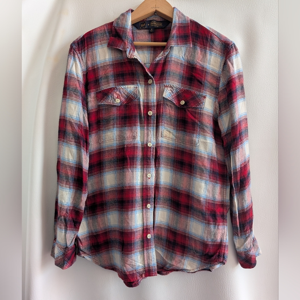 Gap Pendleton Plaid Button-Up Boyfriend Shirt Long Sleeves Red White Blue - M